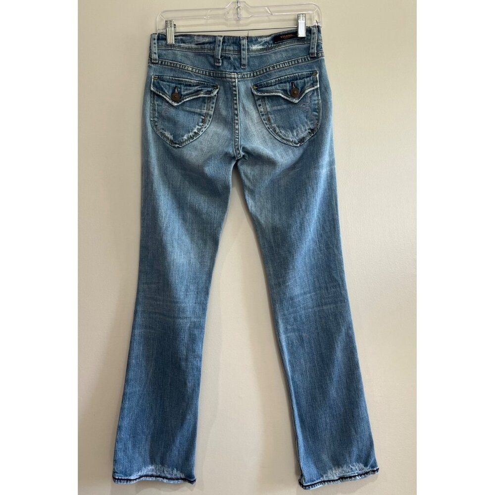 Vigoss Low Rise Bootcut Jeans Juniors 7 Lightwash Flap Pocket Distressed Y2K - Picture 1 of 9